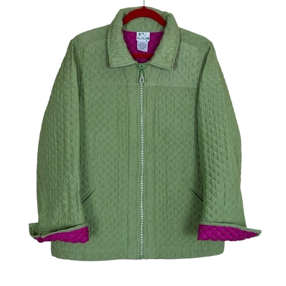 Quacker Factory Vintage Quilted Silk Rhinestone Zip-up Jacket Contrasting Cuffs